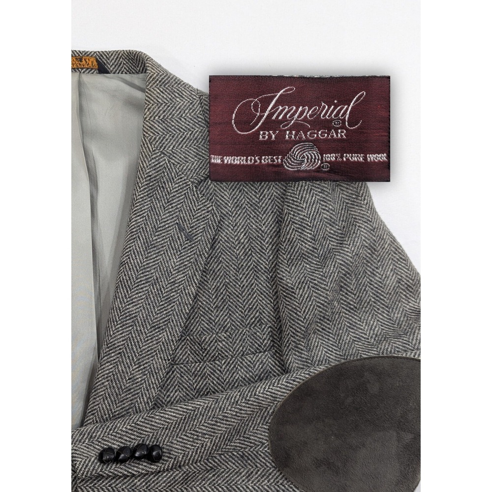 Haggar Tweed Wool Blazer Suit Jacket Gray Herringbone Wool About 44R 46" Chest